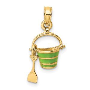 14k Yellow Gold Mini Green Beach Bucket w Moveable Dangling Shovel Charm Pendant